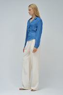 Front Knot Denim Blouse - Blue