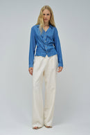 Front Knot Denim Blouse - Blue