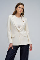 Textured Wool Blazer with Brooch - Beige