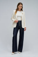 Textured Wool Blazer with Brooch - Beige