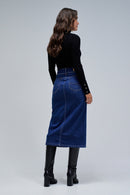 Secret Push In Midi Denim Skirt - Blue