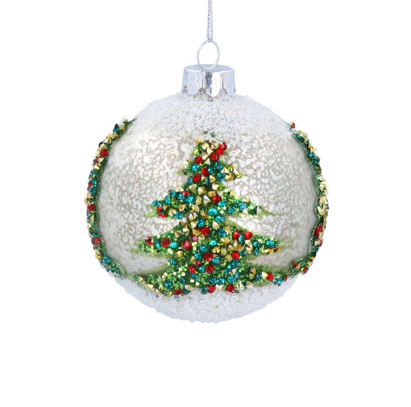 Antique White Glass Bauble With Glitter Trees