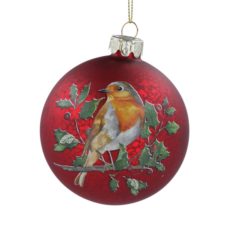 Antique Red Glass Bauble With Robin