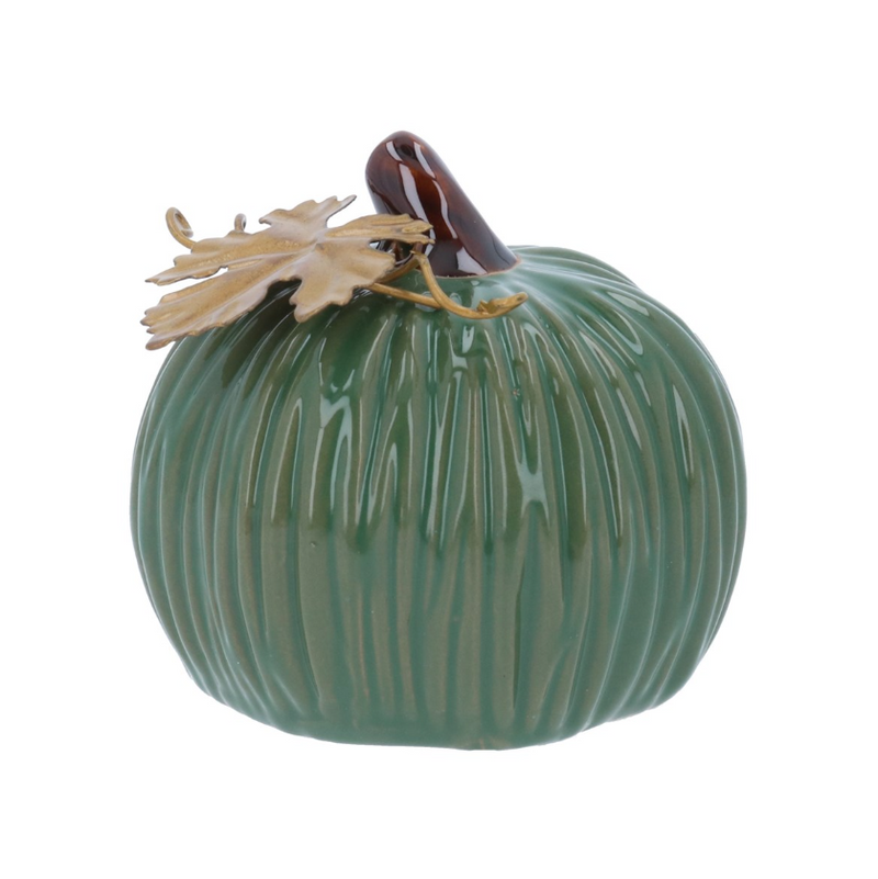 Green Stoneware Mini Pumpkin with Gold Leaf