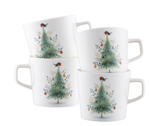 Little Robin Christmas Tree Mugs Set of 4