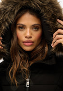 Fuji Faux Fur Hood Mid Length Jacket - Black