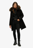Fuji Faux Fur Hood Mid Length Jacket - Black