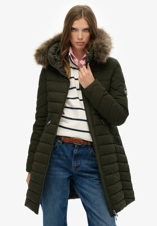 Fuji Faux Fur Hood Mid Length Jacket - Olive Green