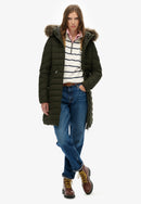 Fuji Faux Fur Hood Mid Length Jacket - Olive Green
