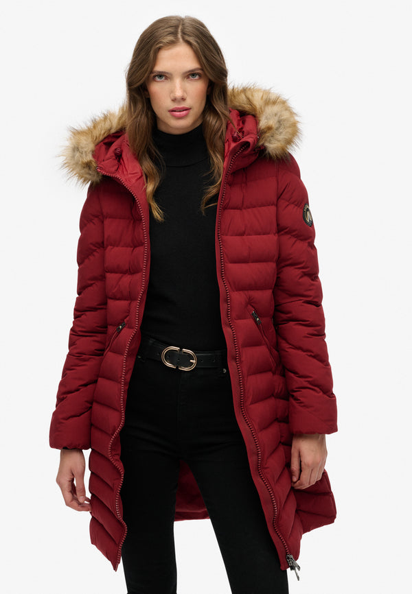 Fuji Faux Fur Hood Mid Length Jacket - Wine Red