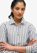 Casual Linen Boyfriend Shirt - Blue Wide Stripe