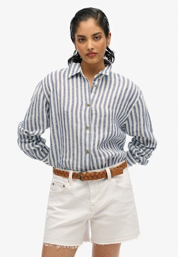 Casual Linen Boyfriend Shirt - Blue Wide Stripe