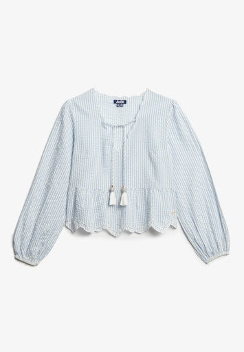 Broderie Long Sleeve Blouse - Blue Stripe