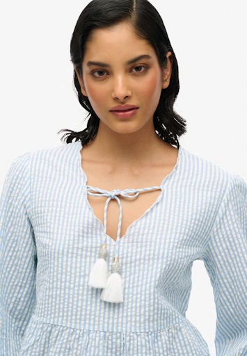 Broderie Long Sleeve Blouse - Blue Stripe