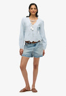 Broderie Long Sleeve Blouse - Blue Stripe