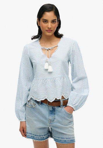 Broderie Long Sleeve Blouse - Blue Stripe