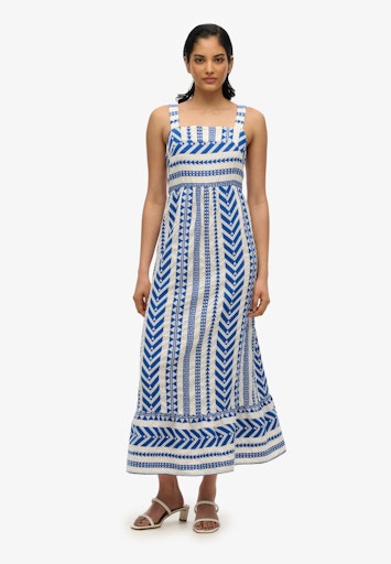 Statement Tiered Maxi Dress - Ecru Blue Emb