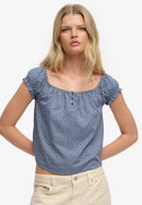 Short Sleeve Half Button Woven Top - Tidal Blue Ditsy Hearts