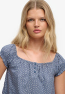 Short Sleeve Half Button Woven Top - Tidal Blue Ditsy Hearts