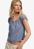 Short Sleeve Half Button Woven Top - Tidal Blue Ditsy Hearts