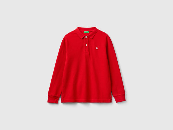 Boys Plain Long Sleeve Polo Shirt - Red