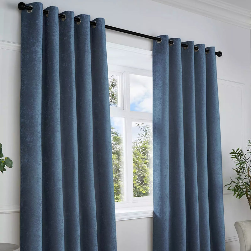 Textured Chenille Eyelet Readymade Curtain - Navy