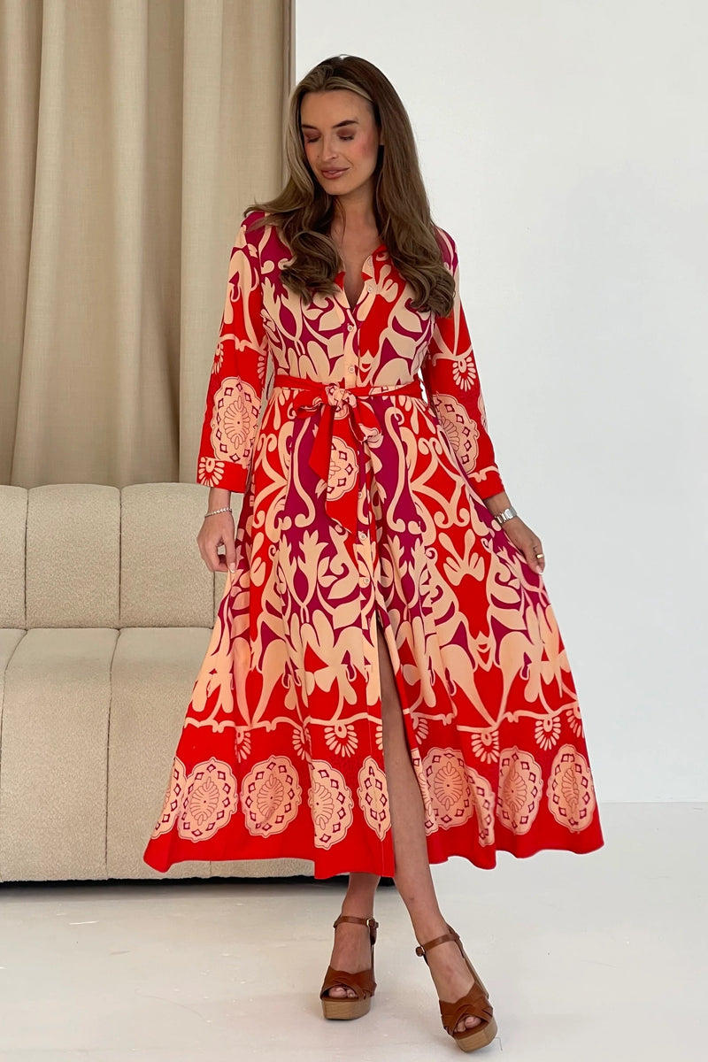 Border Print Maxi Dress - Red Abstract