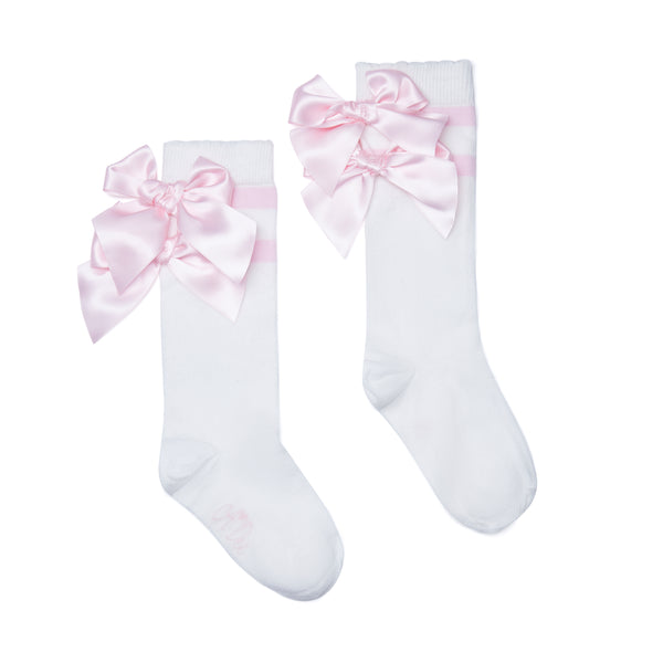 Maeve Knee High Double Bow Socks - Snow White