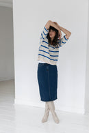 Raine V Neck Stripe T-Shirt - Beige/cobalt