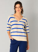 Raine V Neck Stripe T-Shirt - Beige/cobalt