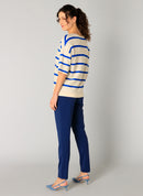 Raine V Neck Stripe T-Shirt - Beige/cobalt