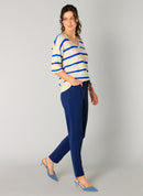 Raine V Neck Stripe T-Shirt - Beige/cobalt