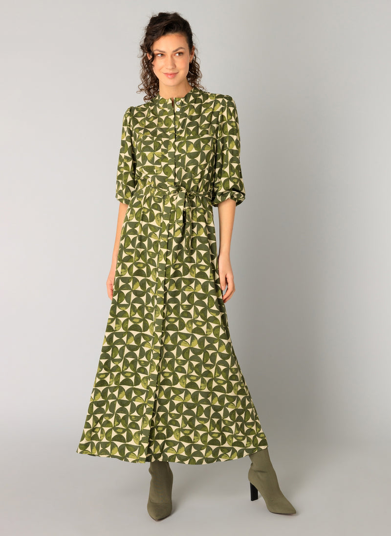 Goverdine Essential Print Dress - Dark Olive/beige