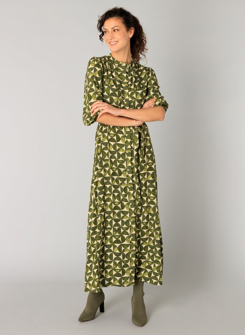 Goverdine Essential Print Dress - Dark Olive/beige