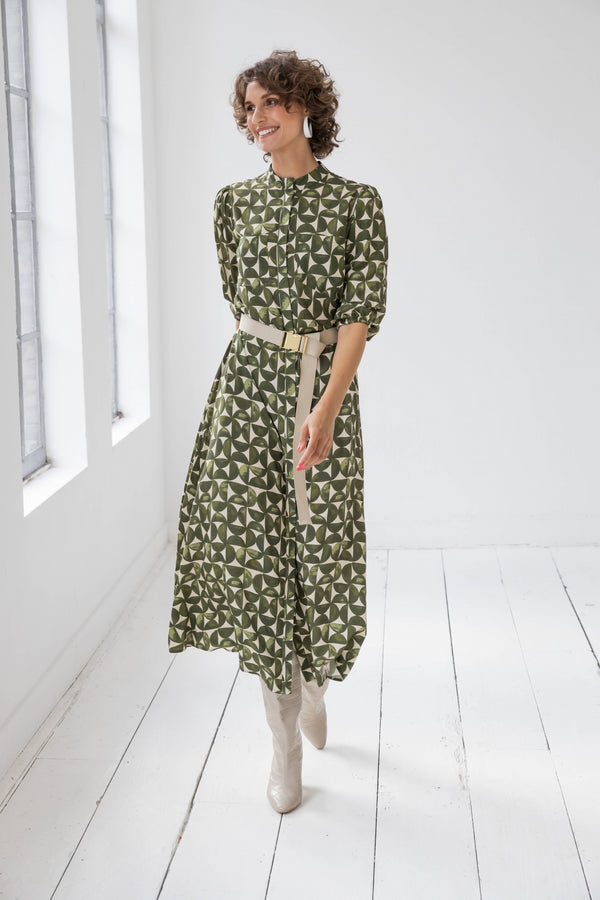 Goverdine Essential Print Dress - Dark Olive/beige