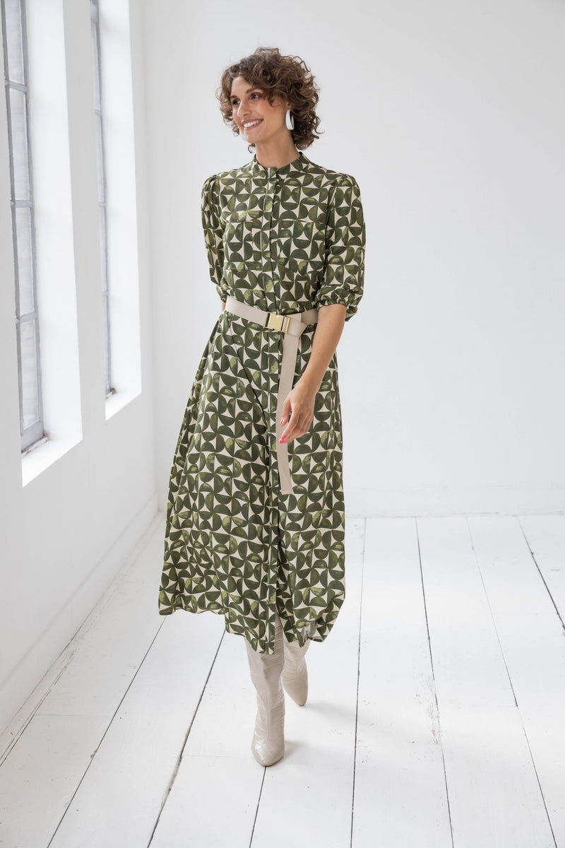 Goverdine Essential Print Dress - Dark Olive/beige