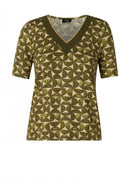 Reina V Neck Print T-Shirt - Dark Olive/beige