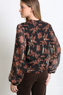 Anna Floral Print Frill Top - Black