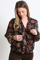 Anna Floral Print Frill Top - Black