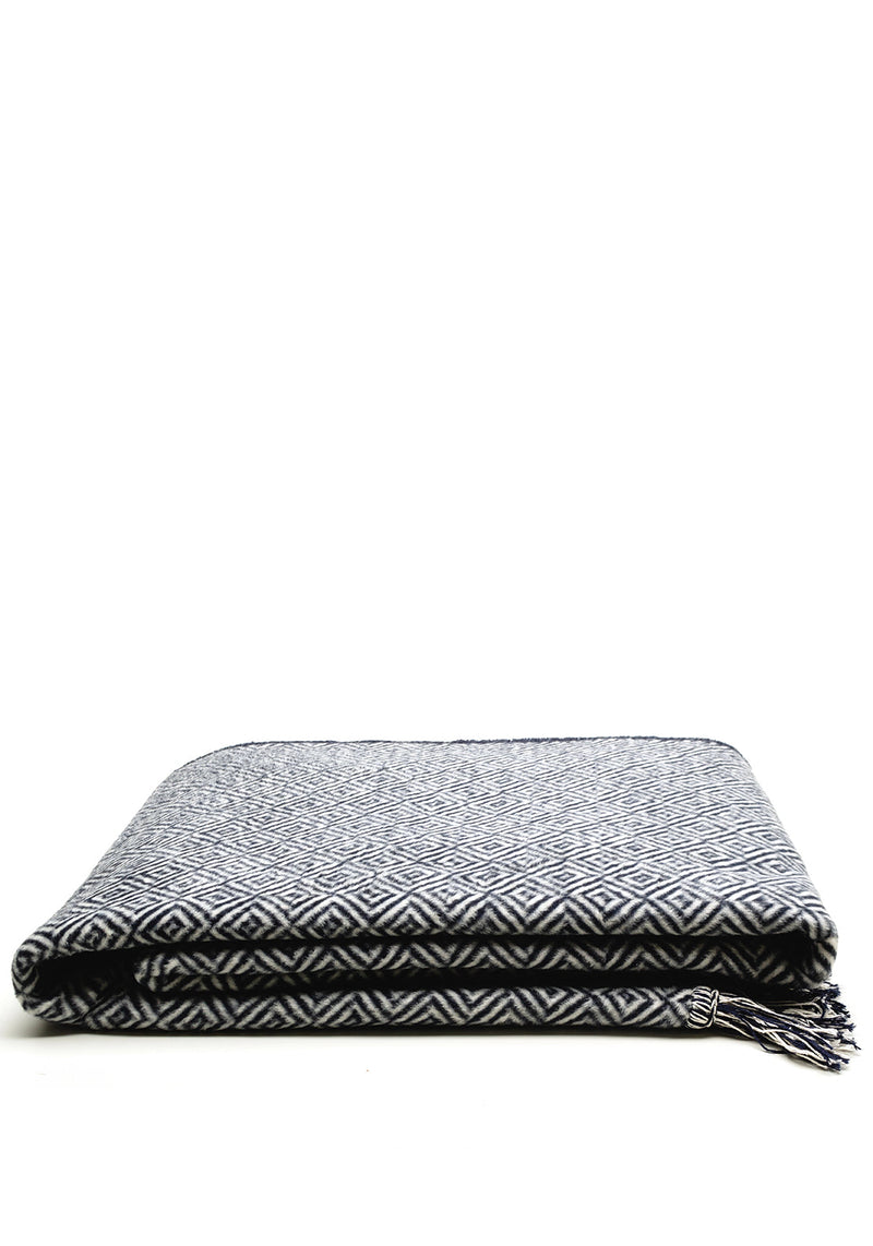 Cotton Rich Diamond Fringe Throw - Blue
