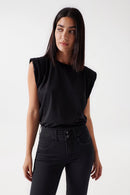 Shoulder Pads Sleeveless T-Shirt - Black