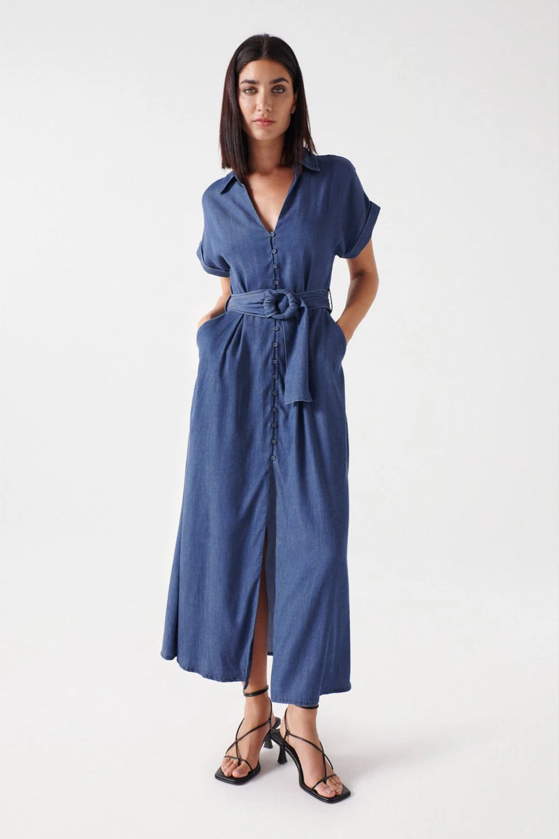 V Neck Denim Dress - Blue