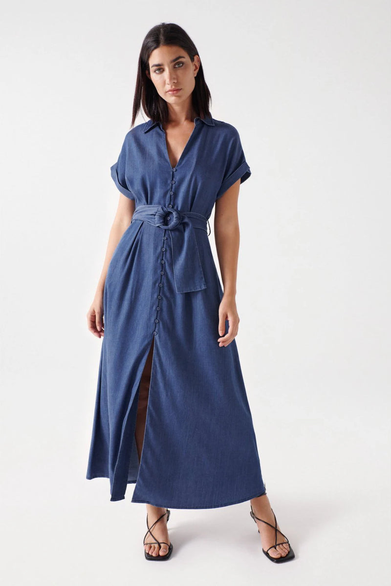 V Neck Denim Dress - Blue