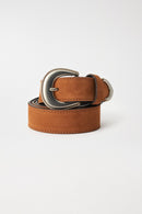 Metallic Buckle Leather Belt - Beige