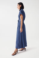 V Neck Denim Dress - Blue