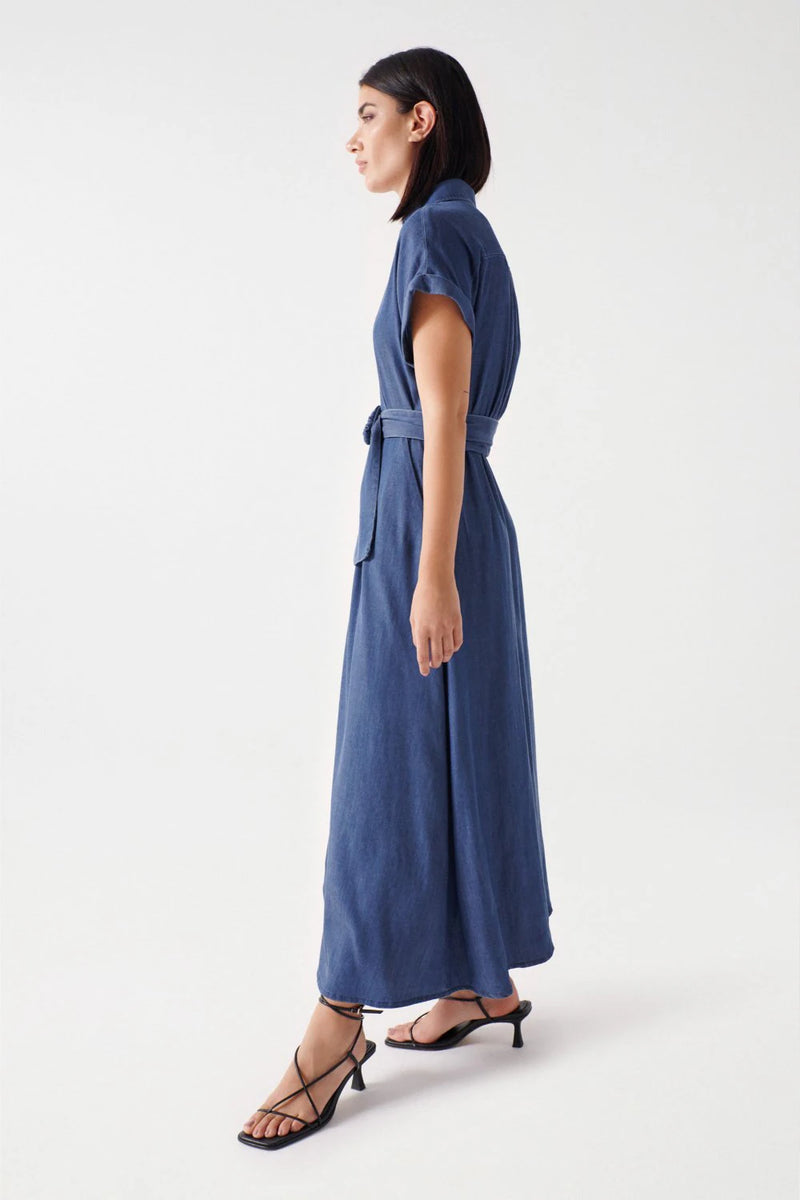 V Neck Denim Dress - Blue