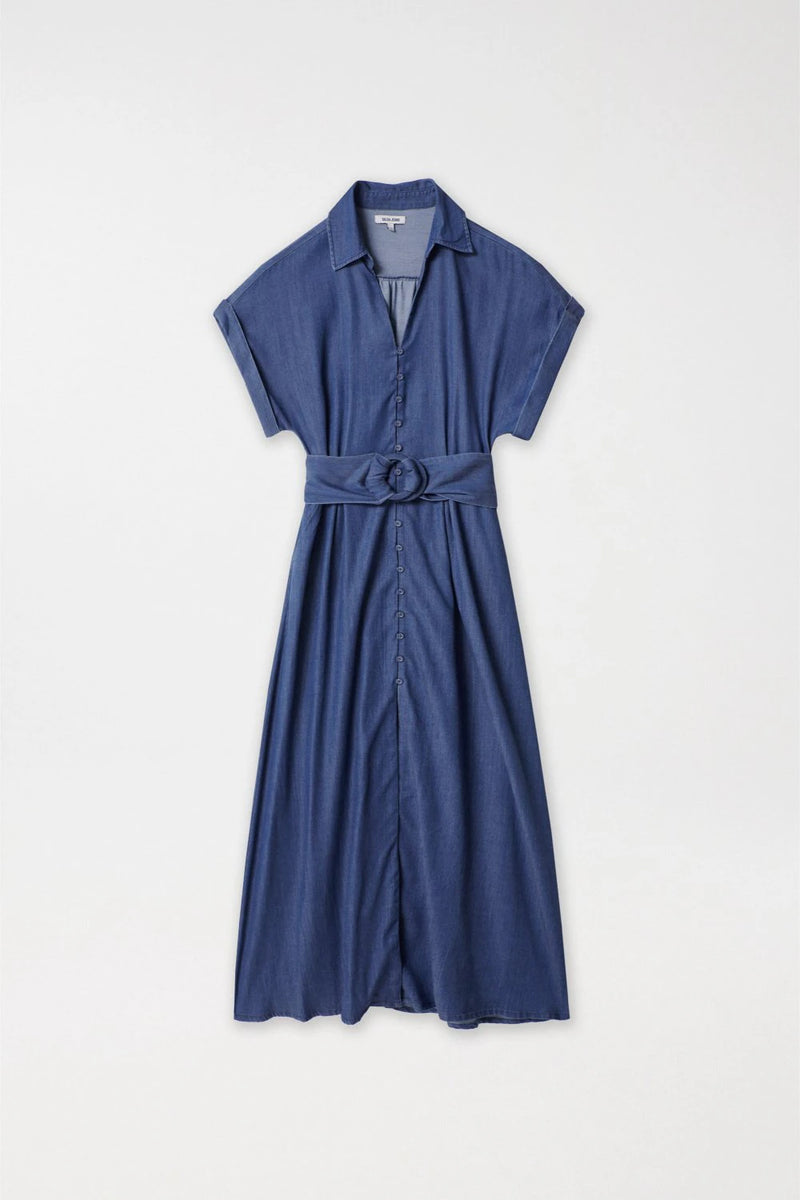 V Neck Denim Dress - Blue