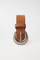 Metallic Buckle Leather Belt - Beige