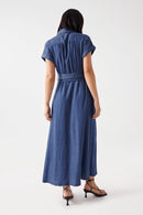 V Neck Denim Dress - Blue