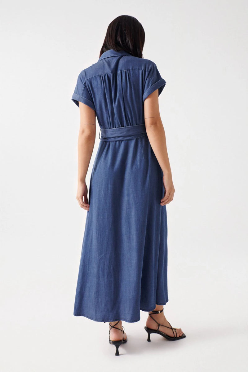 V Neck Denim Dress - Blue